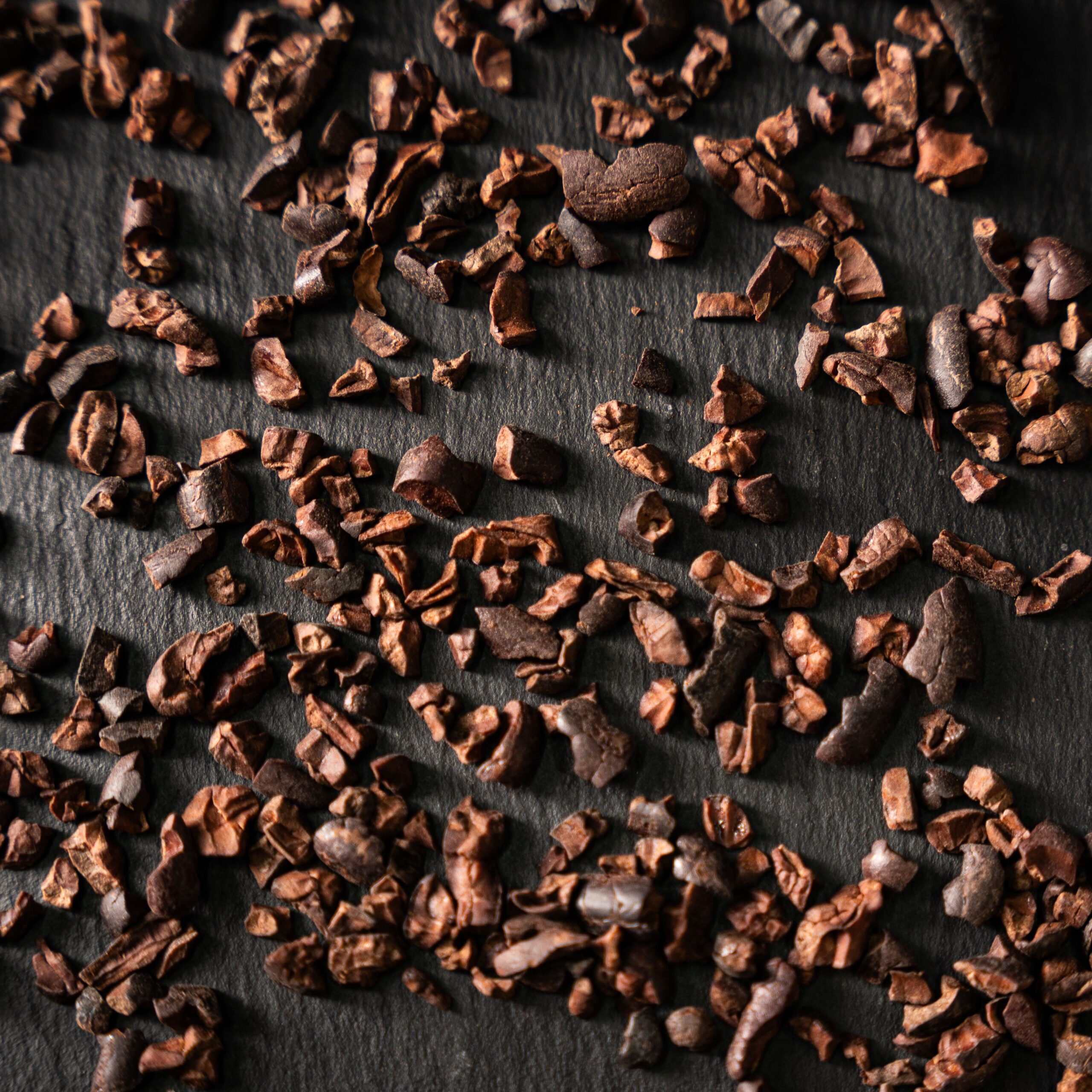 Cacao nibs op een donkere ondergrond